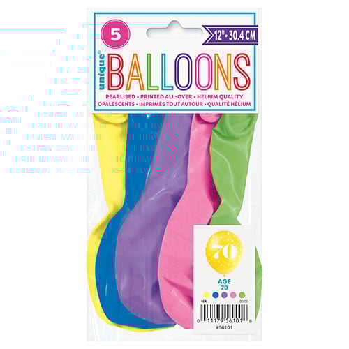 Assorted Age 70 Pearlised Biodegradable Latex Balloons 30cm / 12 in - Pack of 5 Product Gallery Image