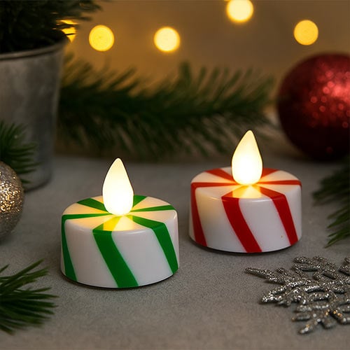 Assorted Christmas Candy Stripe Battery Operated Tealight