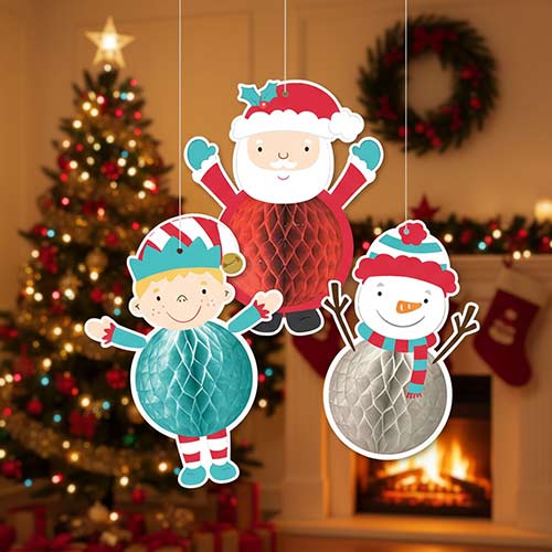 Assorted Christmas Characters Honeycomb Hanging Decorations 36cm - Pack of 3
