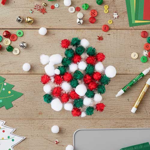 Assorted Christmas Green, Red & White Craft Pom Poms - Pack of 50