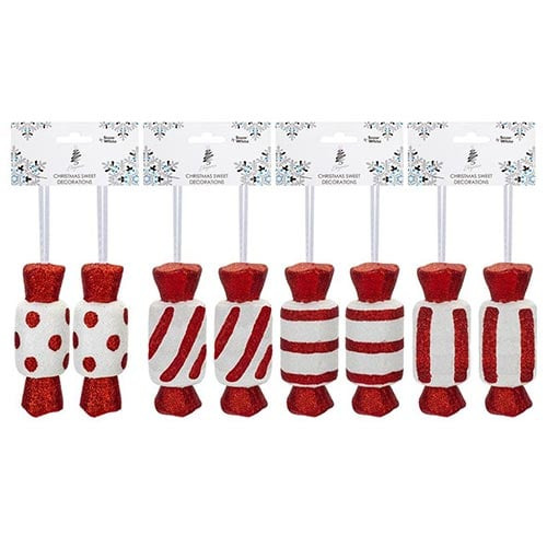 Assorted Christmas Red & White Glitter Candy Cane Sweets Hanging Tree Decorations - Pack of 2 Product Gallery Image