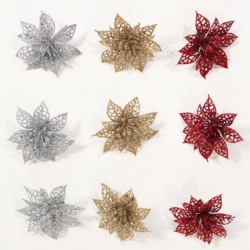 Assorted Glitter Clip On Plastic Poinsettia Christmas Decorations - Pack of 3 Product Image