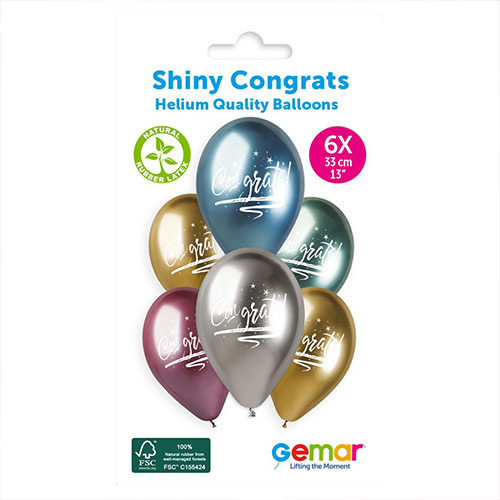 Assorted Colour Congrats Shiny Metallic Latex Balloons 33cm / 13 in - Pack of 6 Product Gallery Image