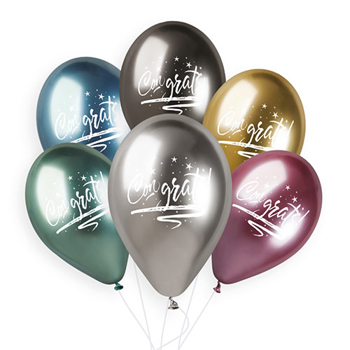 Assorted Colour Congrats Shiny Metallic Latex Balloons 33cm / 13 in - Pack of 6