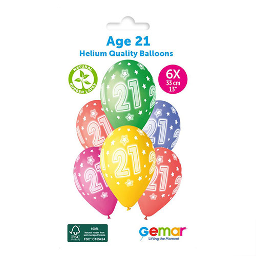 Assorted Colour Cosmic Stars Age 21 Latex Balloons 33cm / 13 in - Pack of 6 Product Gallery Image
