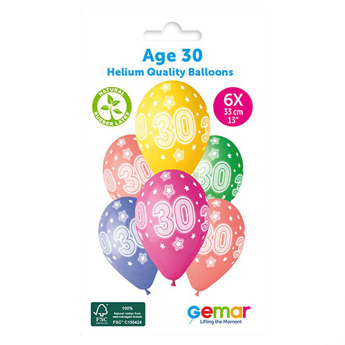 Assorted Colour Cosmic Stars Age 30 Latex Balloons 33cm / 13 in - Pack of 6 Product Gallery Image