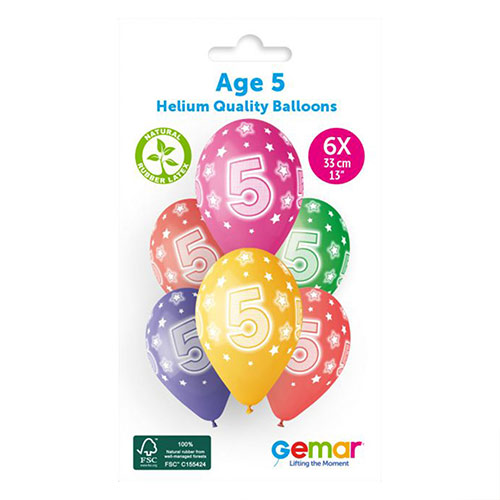 Assorted Colour Cosmic Stars Age 5 Latex Balloons 33cm / 13 in - Pack of 6 Product Gallery Image