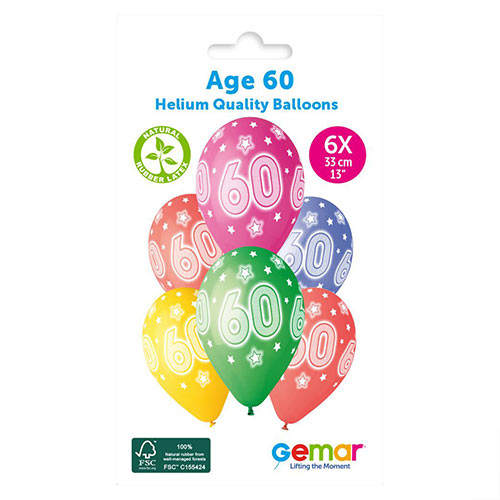 Assorted Colour Cosmic Stars Age 60 Latex Balloons 33cm / 13 in - Pack of 6 Product Gallery Image