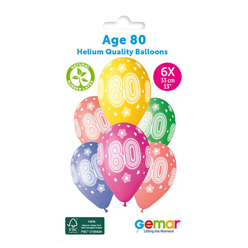 Assorted Colour Cosmic Stars Age 80 Latex Balloons 33cm / 13 in - Pack of 6 Product Gallery Image
