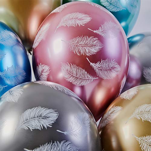 Assorted Colour Feather Plume Shiny Metallic Latex Balloons 33cm / 13 in - Pack of 6 Product Gallery Image