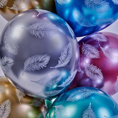Assorted Colour Feather Plume Shiny Metallic Latex Balloons 33cm / 13 in - Pack of 6 Product Gallery Image
