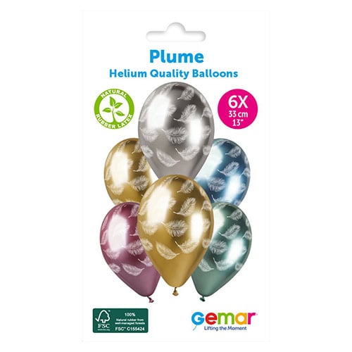 Assorted Colour Feather Plume Shiny Metallic Latex Balloons 33cm / 13 in - Pack of 6 Product Gallery Image