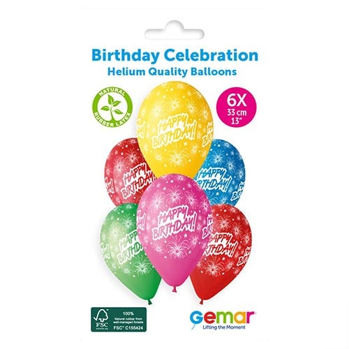 Assorted Colour Happy Birthday Firework Celebration Latex Balloons 33cm / 13 in - Pack of 6 Product Gallery Image