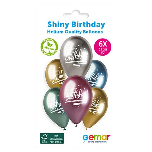 Assorted Colour Happy Birthday Shiny Metallic Latex Balloons 33cm / 13 in - Pack of 6 Product Gallery Image