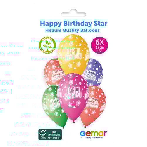 Assorted Colour Happy Birthday Star Latex Balloons 33cm / 13 in - Pack of 6 Product Gallery Image
