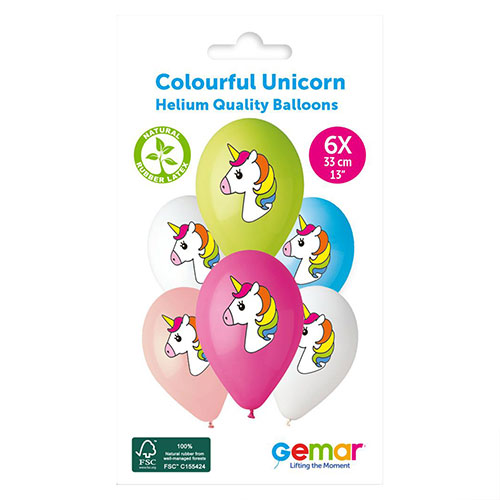 Assorted Colour Rainbow Unicorn Latex Balloons 33cm / 13 in - Pack of 6 Product Gallery Image