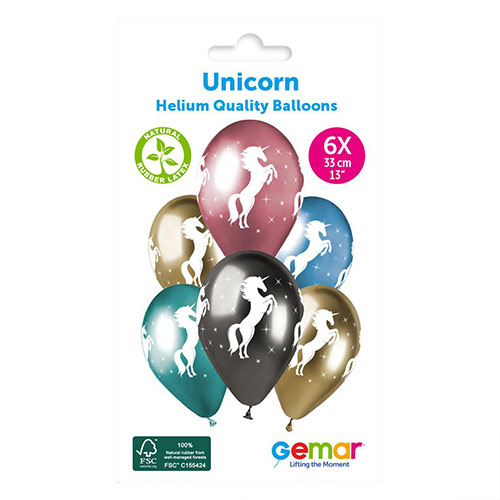 Assorted Colour Unicorn Shiny Metallic Latex Balloons 33cm / 13 in - Pack of 6 Product Gallery Image