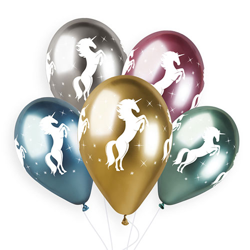 Assorted Colour Unicorn Shiny Metallic Latex Balloons 33cm / 13 in - Pack of 6 Product Gallery Image