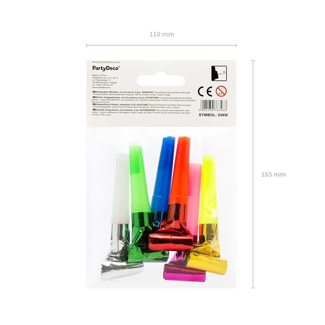 Assorted Colour Whistle Party Blowouts - Pack of 6 Product Gallery Image