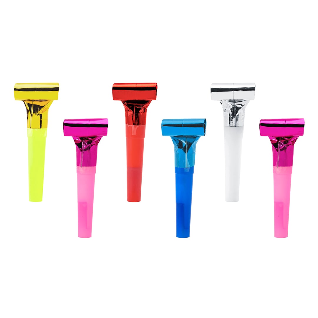 Assorted Colour Whistle Party Blowouts - Pack of 6