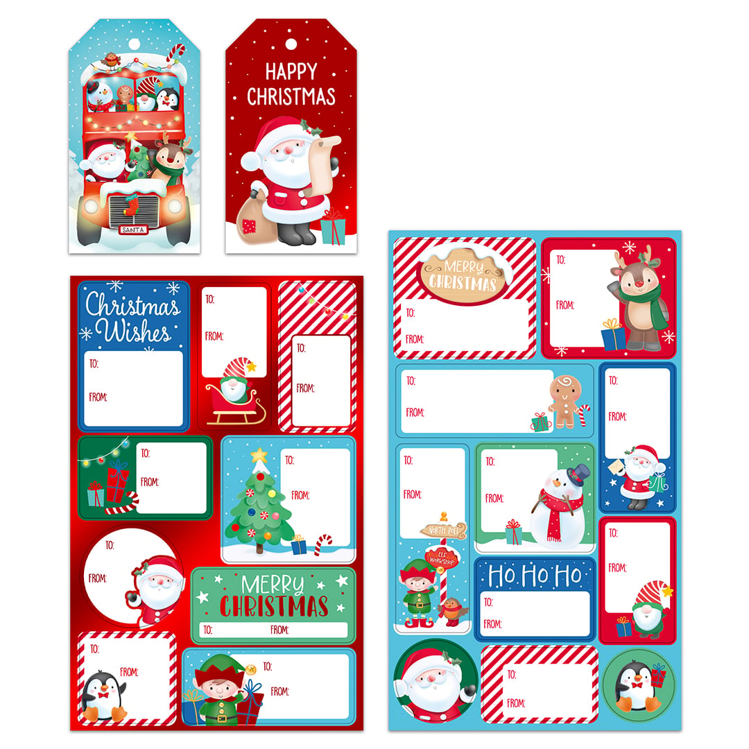 Assorted Cute Christmas Characters Gift Tags & Label Stickers - Pack of 55
