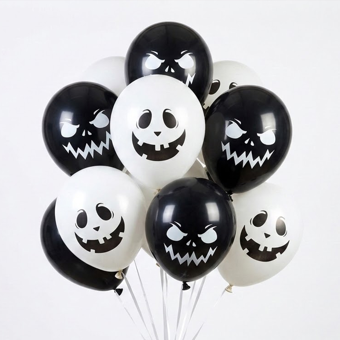 Black & White Spooky Faces Halloween Latex Balloons 27cm / 11 in - Pack of 10