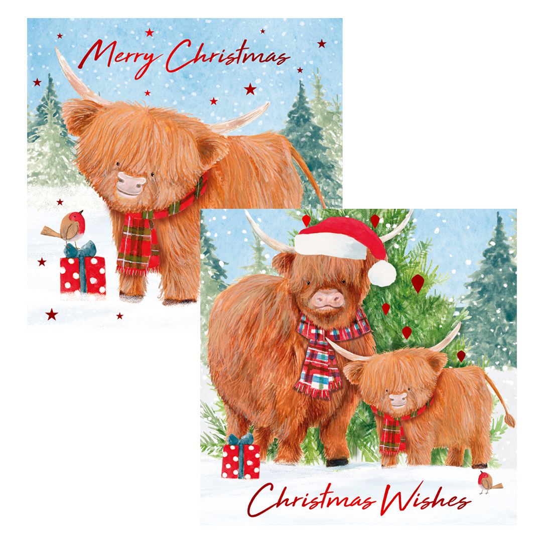 Assorted Highland Cows Christmas Greeting Cards - Pack of 12