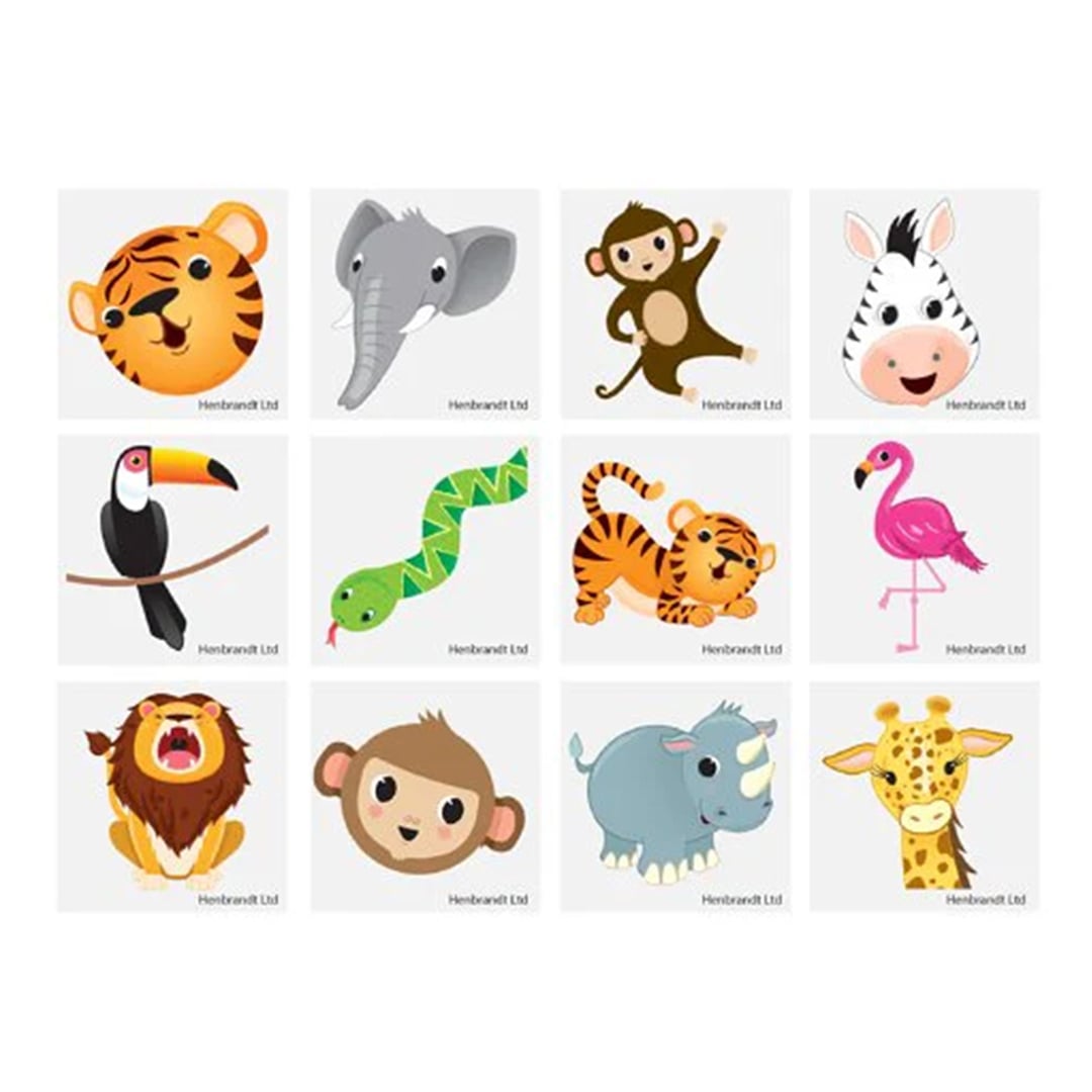 Assorted Jungle Animals Mini Temporary Transfer Tattoo Stickers - Pack of 12
