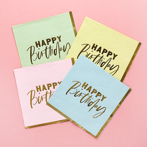 Assorted Pastel Colour with Gold Foil Happy Birthday Luncheon Paper Napkins 3 Ply 33cm - Pack of 16 Product Gallery Image