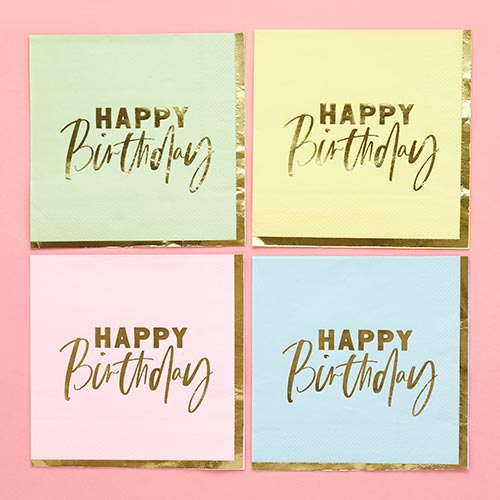 Assorted Pastel Colour with Gold Foil Happy Birthday Luncheon Paper Napkins 3 Ply 33cm - Pack of 16 Product Gallery Image