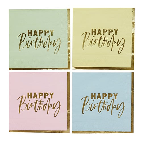 Assorted Pastel Colour with Gold Foil Happy Birthday Luncheon Paper Napkins 3 Ply 33cm - Pack of 16 Product Gallery Image