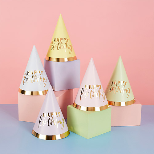 Assorted Pastel Colour with Gold Foil Happy Birthday Paper Party Hats - Pack of 10 Product Gallery Image