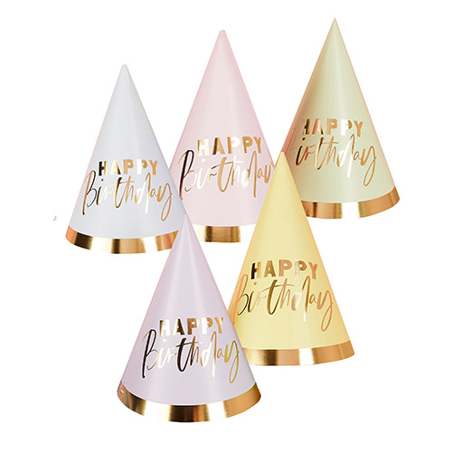 Assorted Pastel Colour with Gold Foil Happy Birthday Paper Party Hats - Pack of 10 Product Gallery Image