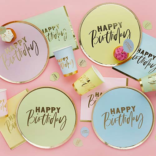 Assorted Pastel Colour with Gold Foil Happy Birthday Round Paper Plates 23cm - Pack of 8 Product Gallery Image