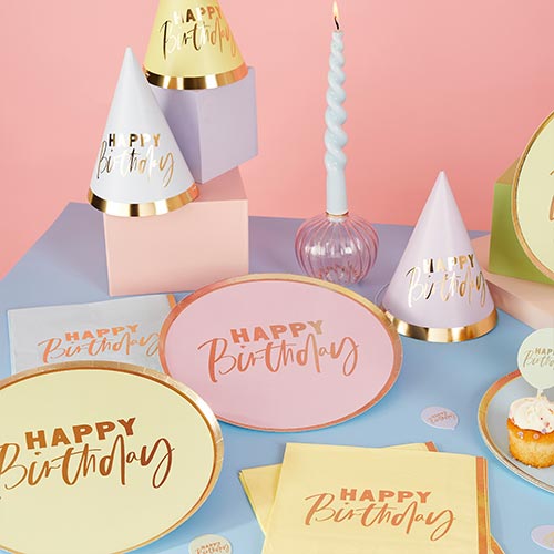 Assorted Pastel Colour with Gold Foil Happy Birthday Round Paper Plates 23cm - Pack of 8 Product Gallery Image