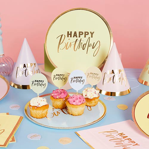 Assorted Pastel Colour with Gold Foil Happy Birthday Round Paper Plates 23cm - Pack of 8 Product Gallery Image