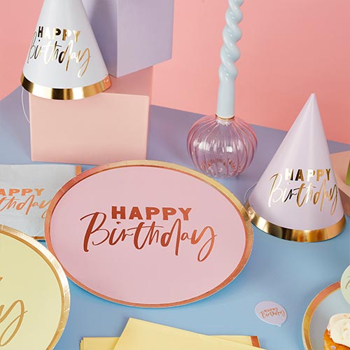 Assorted Pastel Colour with Gold Foil Happy Birthday Round Paper Plates 23cm - Pack of 8 Product Gallery Image