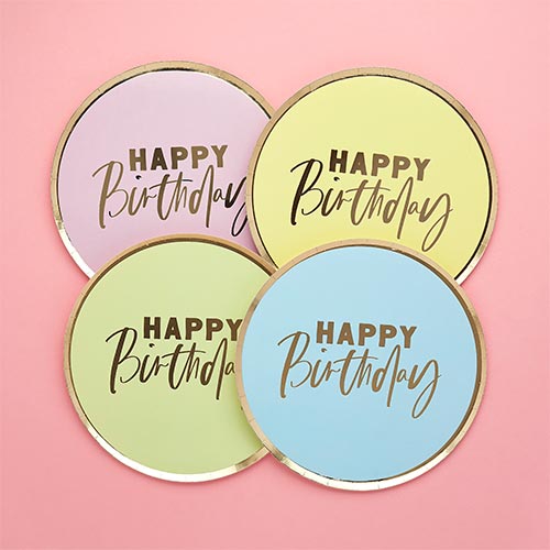 Assorted Pastel Colour with Gold Foil Happy Birthday Round Paper Plates 23cm - Pack of 8 Product Gallery Image