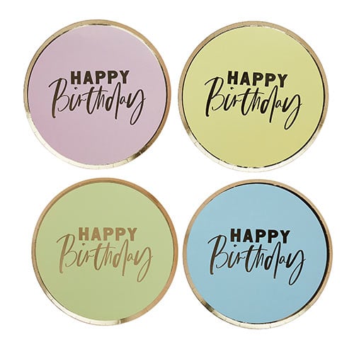 Assorted Pastel Colour with Gold Foil Happy Birthday Round Paper Plates 23cm - Pack of 8 Product Gallery Image