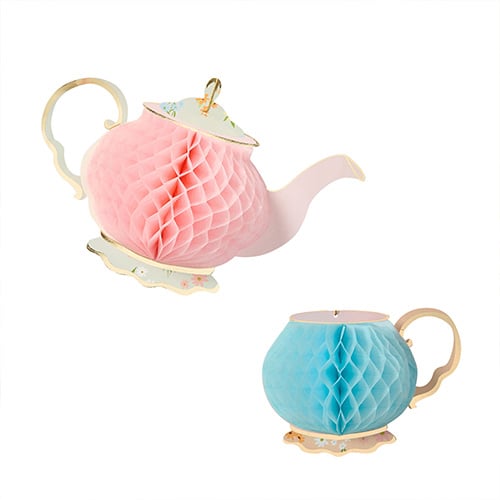 Assorted Pastel Floral Tea Party Teapot & Teacup Honeycomb Hanging Decorations 33cm - Pack of 2