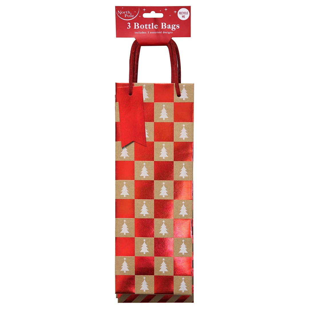 Assorted Red & Brown Kraft Christmas Bottle Gift Bags 35cm - Pack of 3 Product Gallery Image