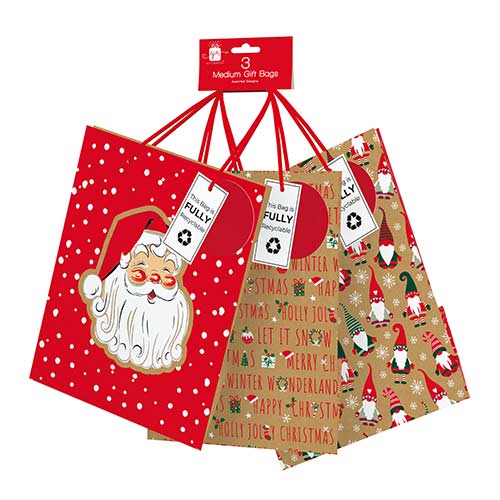 Assorted Red & Green Christmas Kraft Medium Gift Bags - Pack of 3