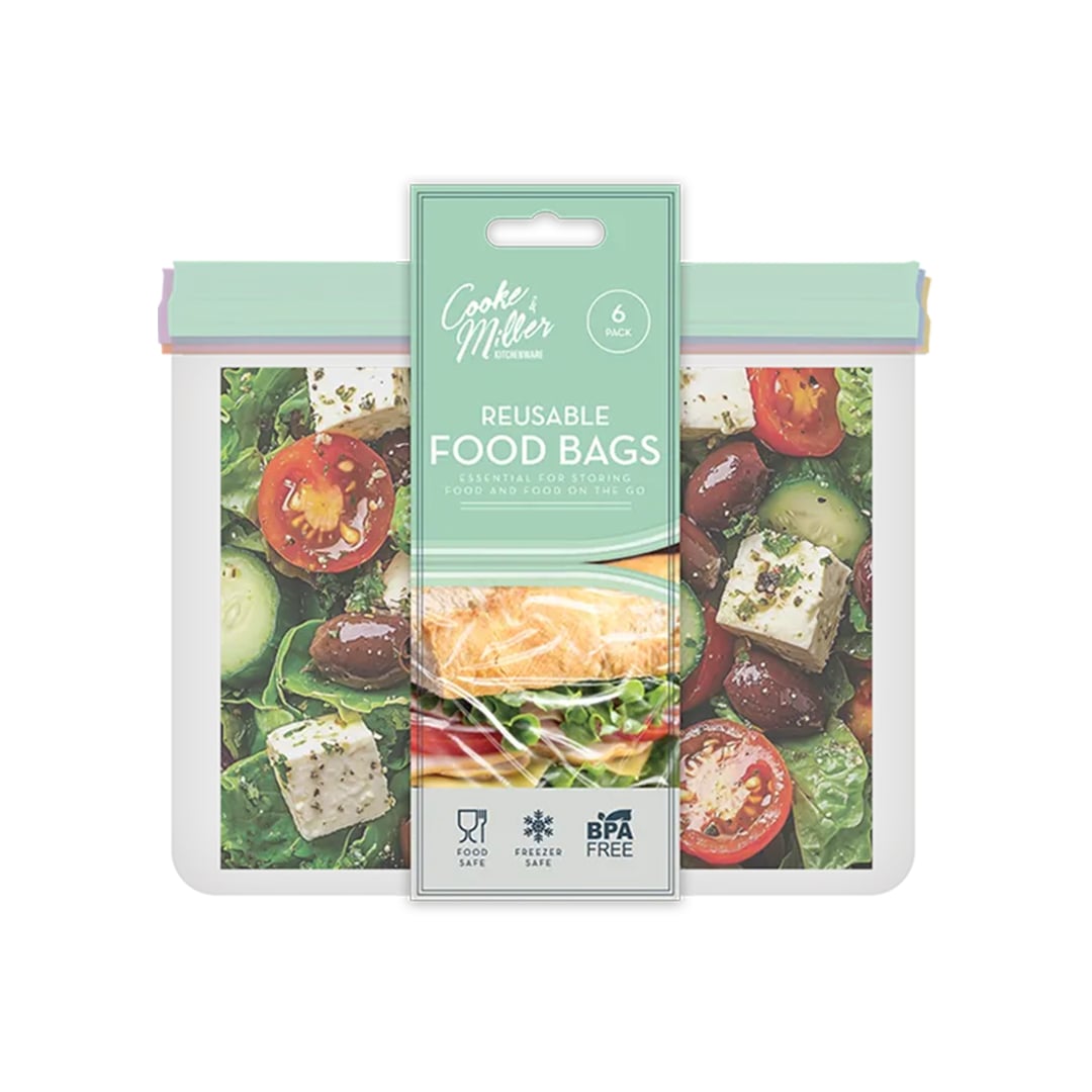 Assorted Reusable Plastic Food Bags 17.5cm x 22.5cm - Pack of 6