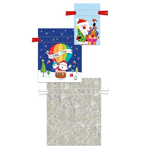 Assorted Santa & Friends Drawstring Sack Plastic Gift Bags - Pack of 3 Product Gallery Image