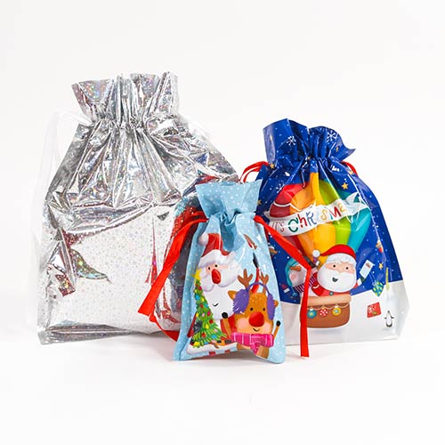 Assorted Santa Claus and Friends Festive Christmas Plastic Drawstring Gift Bags - Pack of 3 Product Gallery Image