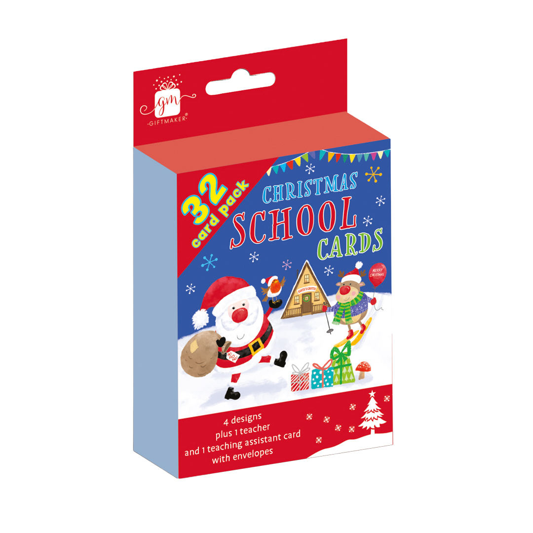 Assorted Santa Claus Delivering Presents Christmas School Greeting Cards - Pack of 32