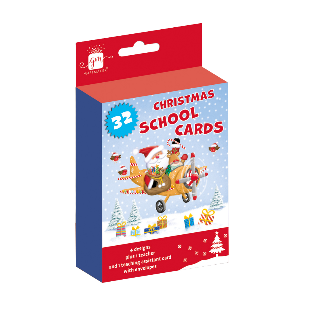 Assorted Santa Claus in Aeroplane Christmas School Greeting Cards - Pack of 32