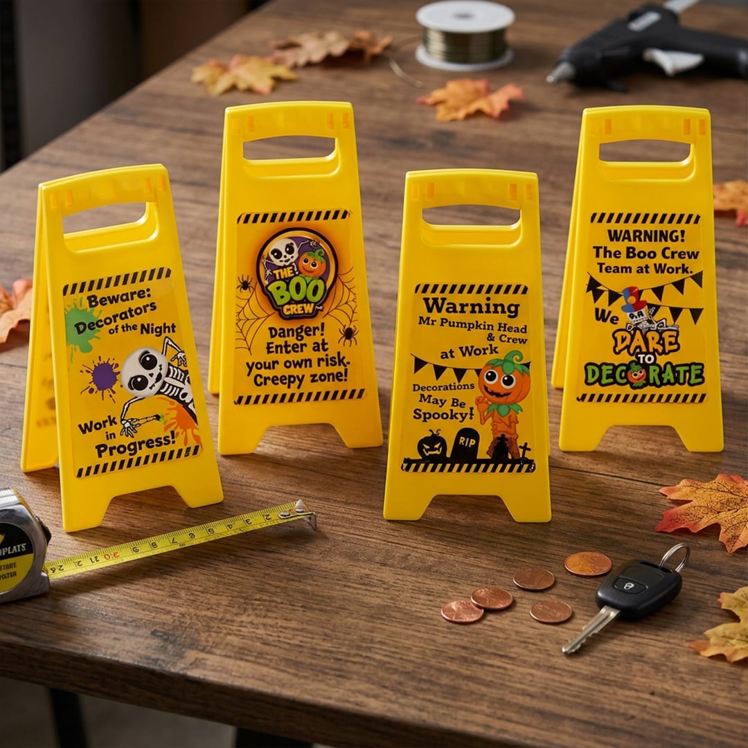 Boo Crew Halloween Warning Yellow Plastic Standing Frame Sign 24cm
