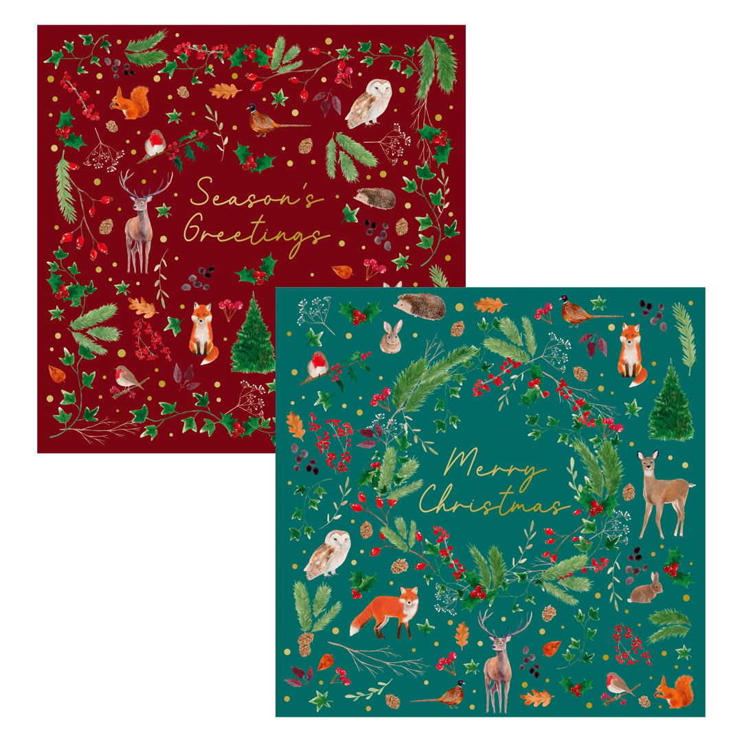Assorted Woodland Animals Embossed Christmas Greeting Cards - Pack of 6