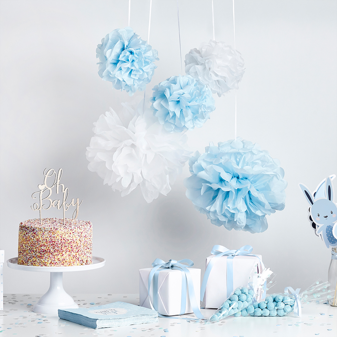 Baby Blue & White Pom Poms Paper Hanging Decorations - Pack of 5 View 2